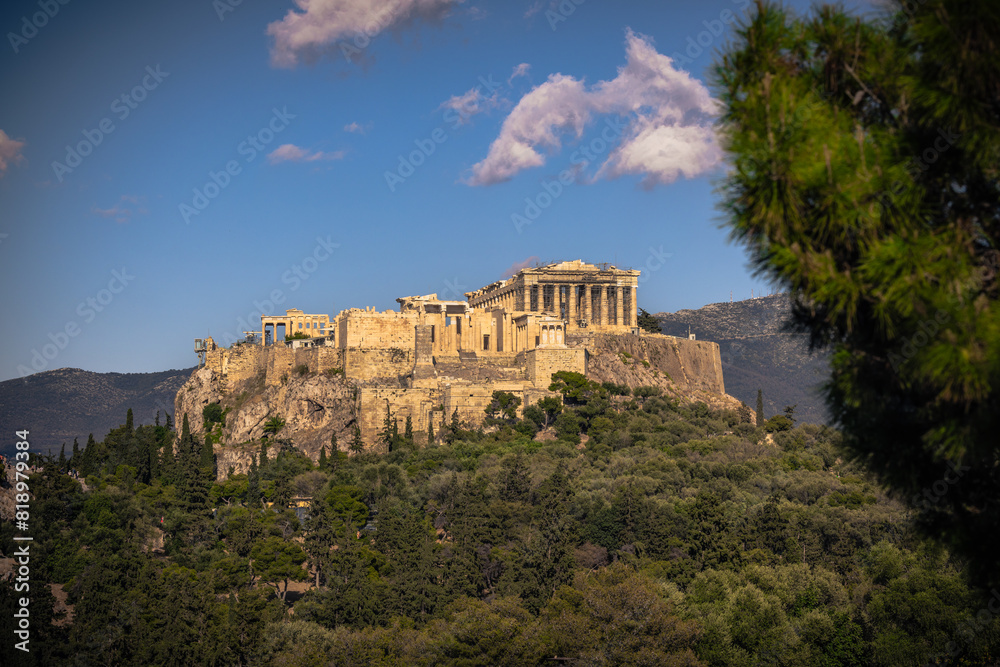 Panoramic view of the Acropolis of Athens from the Philopappos hill in Greece