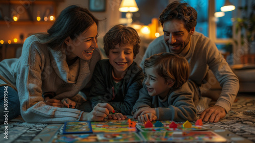 A joyful family playing a board game on the living room floor during a cozy evening at home.