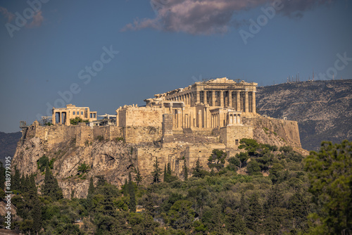 Panoramic view of the Acropolis of Athens from the Philopappos hill in Greece