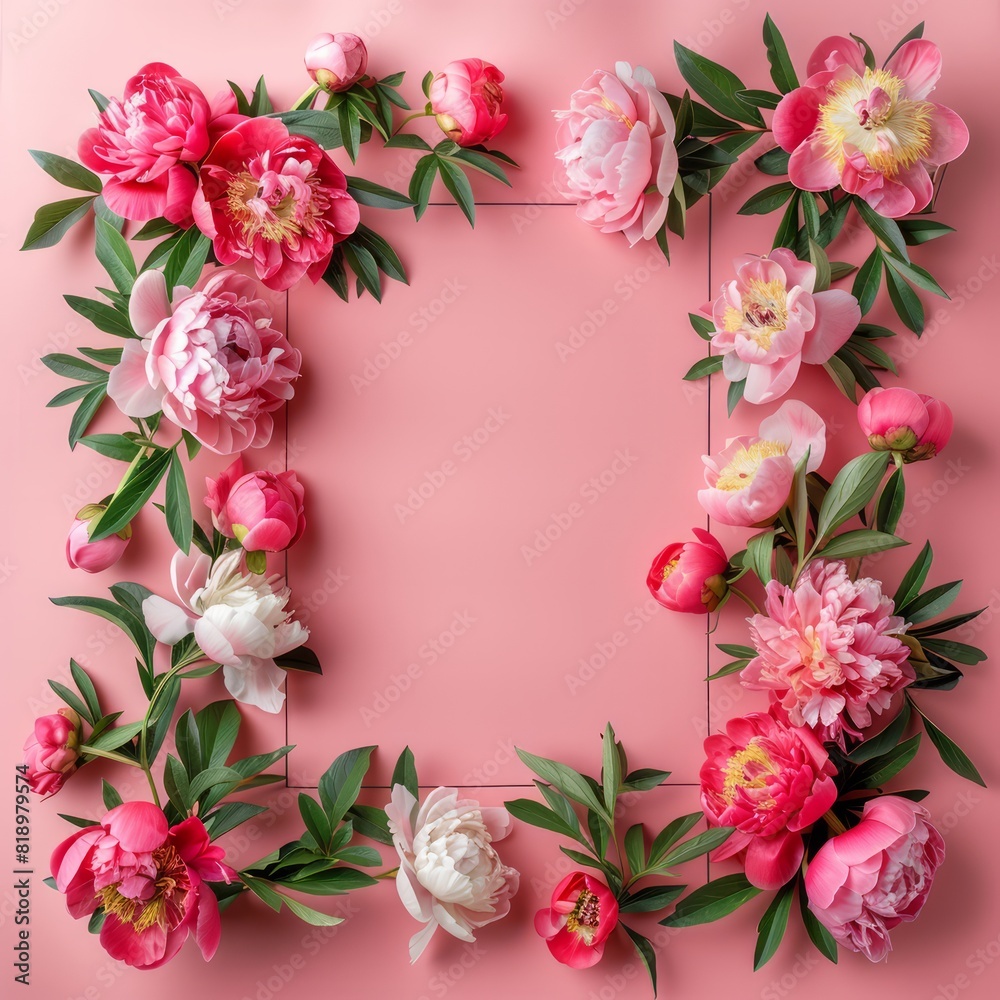A delicate frame of peony flowers adorns a pink background, offering a lovely summer flat lay with ample space for text or design. A delicate frame of peony flowers adorns a pink background, offering a lovely summer flat lay with ample space for text or design.