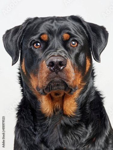 Close-Up Portrait of a Serious Rottweiler with Intense Gaze.