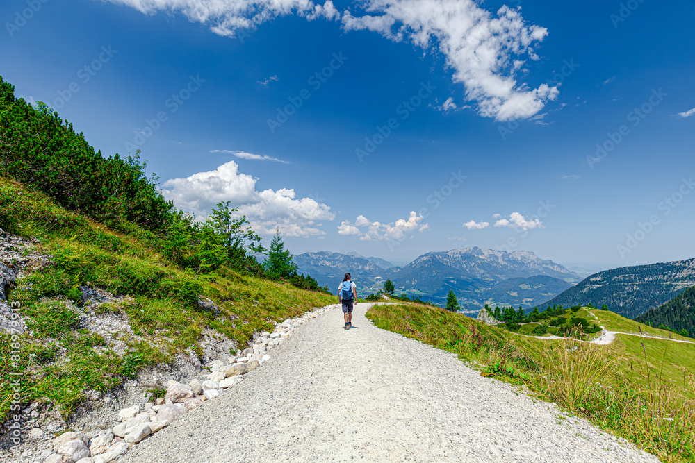 Landscape Scenery. Mountain Jenner, Route Mitterkaseralm. Man Hiking  in the National park Berchtesgadener Land in Summer, Bavaria, Germany