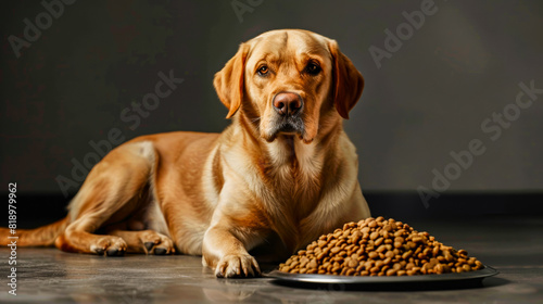 Labrador Retriever Lying Next to a Large Pile of Dog Food.