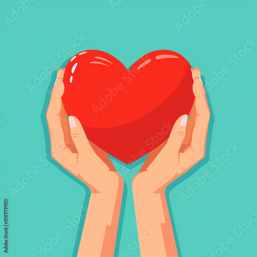 Illustration od a person is holding a red heart in their hands. Concept of love, care and warmth.