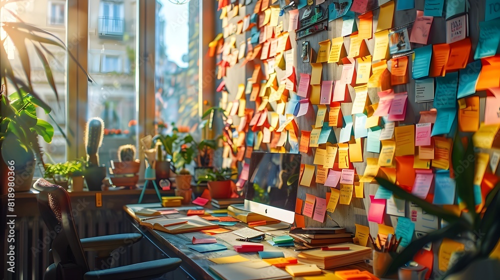 Fototapeta premium Colorful Bursts of Productivity A Bustling Office Scene with Vibrant Post it Note Reminders