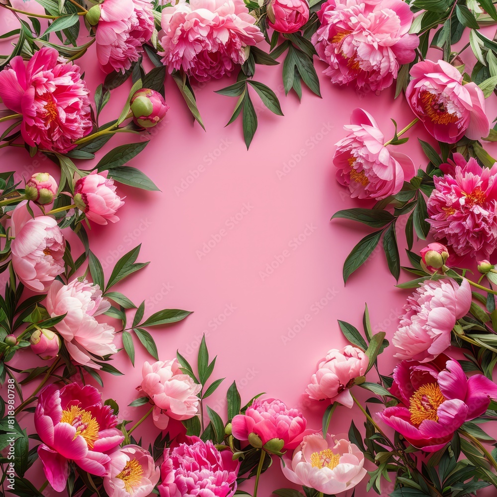 A delicate frame of peony flowers adorns a pink background, offering a lovely summer flat lay with ample space for text or design. A delicate frame of peony flowers adorns a pink background, offering a lovely summer flat lay with ample space for text or design.