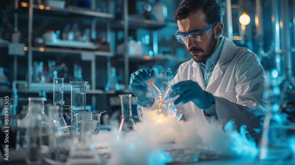 Chemist in a lab coat performing a chemical reaction experiment, with various glassware and reagents on the lab bench. Chemist in a lab coat performing a chemical reaction experiment, with various glassware and reagents on the lab bench.