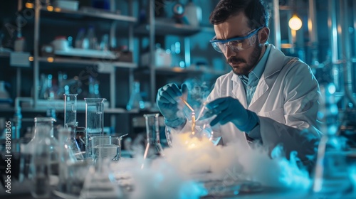 Chemist in a lab coat performing a chemical reaction experiment, with various glassware and reagents on the lab bench. photo