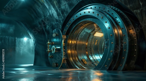 A large, illuminated bank vault with an open door, showcasing its metallic structure and secure design in a dimly lit environment. photo
