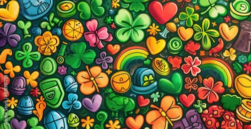 St Patrick's Day Celebration Vibrant Background with Hearts, Shamrocks, Clovers, Leprechauns, and Festive Symbols photo