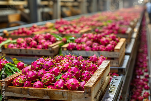 The harvested Dragon Fruit crop is packed in wooden boxes on the sorting line  ready for distribution at a bustling farm during peak harvest season