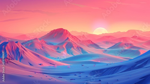 A beautiful mountain range with a pink and blue sky