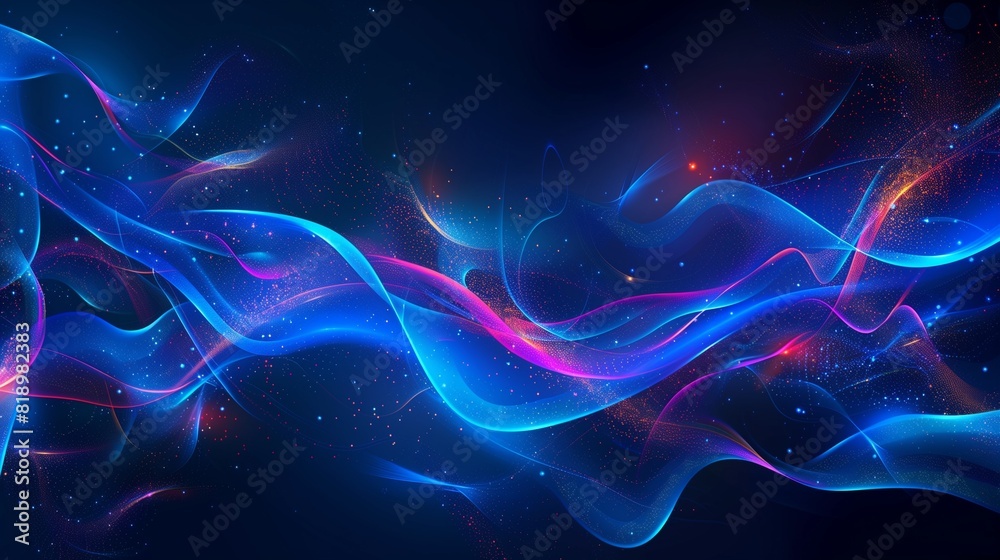 : An immersive vector illustration that invites the viewer on a journey into a world of abstract beauty and luminosity. Abstract neon motion glowing wavy lines dance across the composition, 