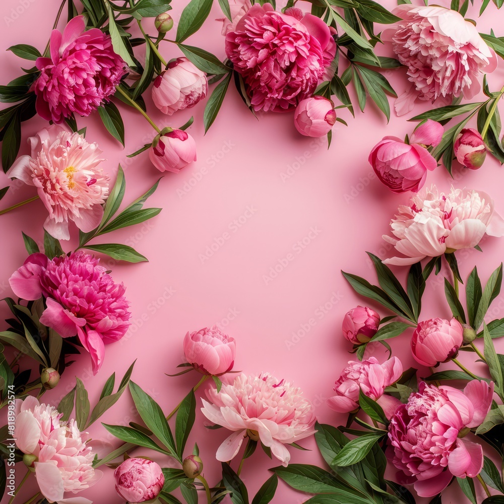 Lush peonies arranged in a frame on a pink background provide a delightful summer floral flat lay, with generous copy space for your content. Lush peonies arranged in a frame on a pink background provide a delightful summer floral flat lay, with generous copy space for your content.