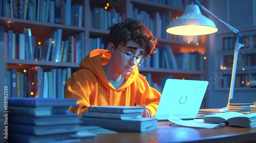 3D cartoon of a student staying up late at their desk, surrounded by textbooks and a bright desk lamp while writing an essay on a laptop