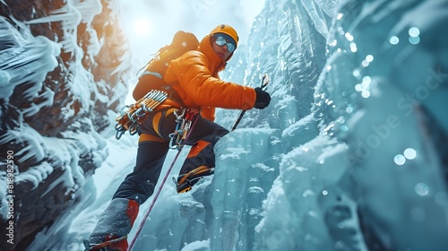 Ice Climber Ascending Treacherous Glacier Landscape with Stunning Scenery photo