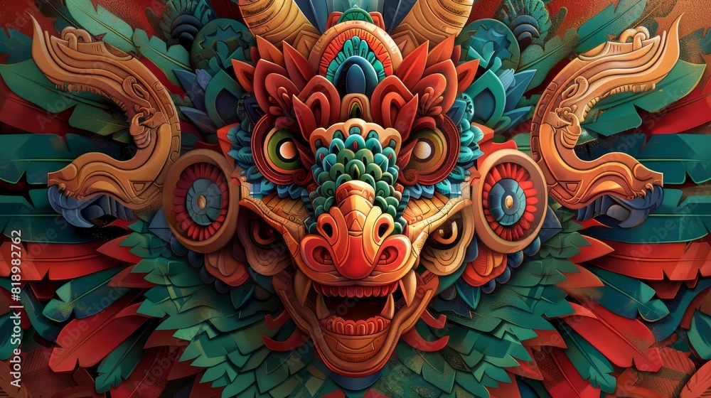 A colorful dragon with a red mouth and green eyes A colorful dragon with a red mouth and green eyes