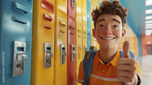 3D model of a student giving a thumbs up after acing a quiz, standing next to a row of colorful lockers in the school hallway photo