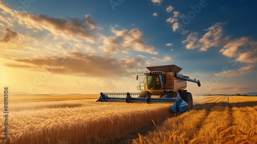 Agricultural combine for harvesting crops in the field. Concept: food supplies and world hunger problems, grain for export and import.