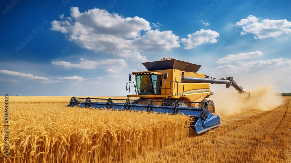 Obraz premium Agricultural combine for harvesting crops in the field. Concept: food supplies and world hunger problems, grain for export and import.