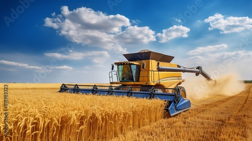 Agricultural combine for harvesting crops in the field. Concept  food supplies and world hunger problems  grain for export and import.