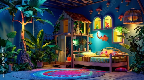 A tropical themed bedroom with a bed, a tree, and a house © Chayan