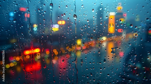 Rainy Night City Skyline Reflected in Wet Glass with Vibrant Lights