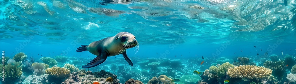 Fototapeta premium Seal Gliding Through Vibrant Coral Reef Beneath Sky Above Showcasing Need for Environmental Care