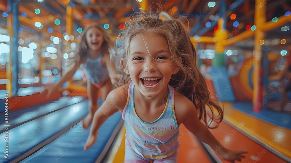 Siblings Practicing Synchronized Jumps on Trampolines with Cheerful Expressions in Clear Indoor Environment Siblings Practicing Synchronized Jumps on Trampolines with Cheerful Expressions in Clear Indoor Environment