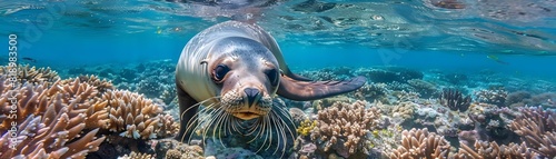Seal Amid Vibrant Coral Reef A Split Level Glimpse of Ocean s Delicate Balance © imagincy