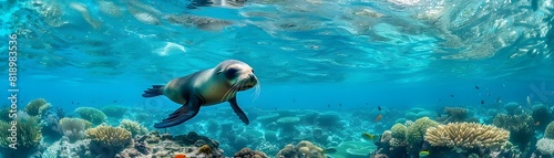 Seal Gliding Through Vibrant Coral Reef Beneath Sky Above Showcasing Need for Environmental Care © imagincy