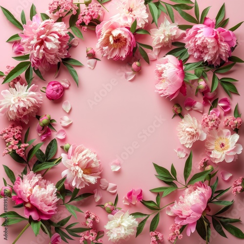 Summer floral frame made of peony flowers on a pink background, perfect for flat lay photography with ample copy space for creative projects.