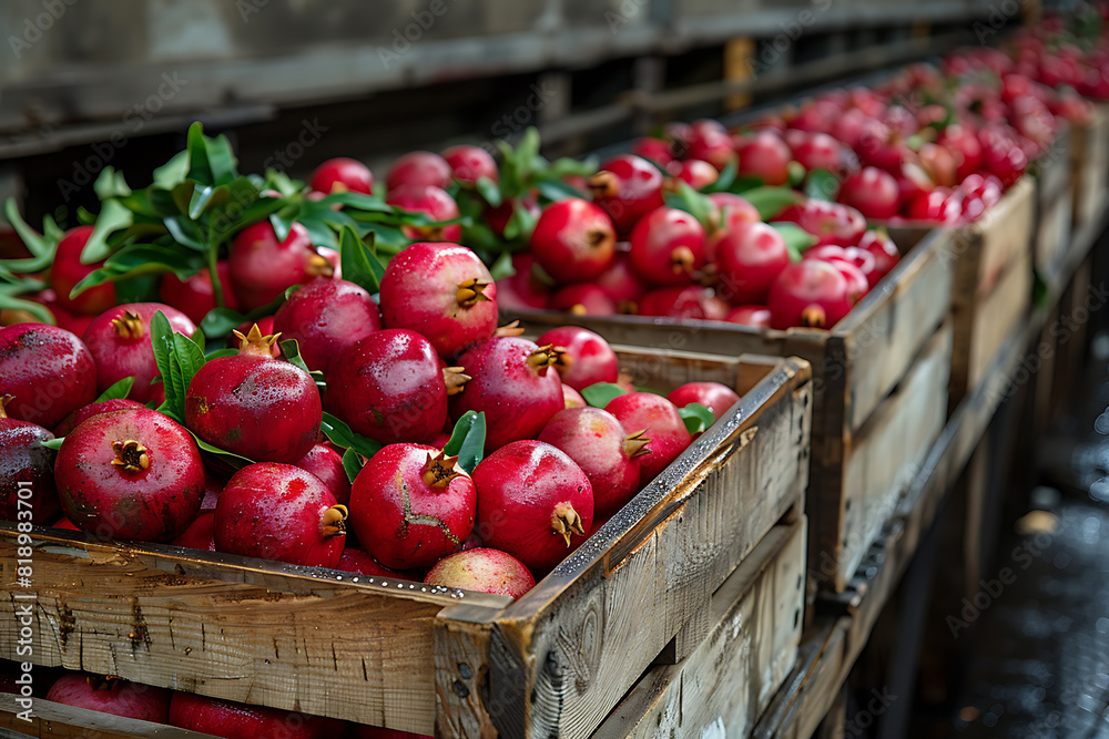 The harvested pomegranate fruit crop is packed in wooden boxes on the sorting line, ready for distribution during the peak harvest season at a busy orchard The harvested pomegranate fruit crop is packed in wooden boxes on the sorting line, ready for distribution during the peak harvest season at a busy orchard