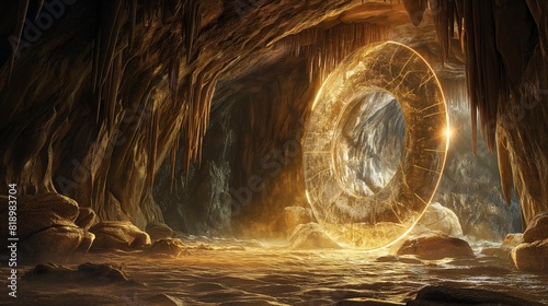 A refractive shield bending light around an ancient artifact hidden within a labyrinthine cave system. 32k, full ultra hd, high resolution photo