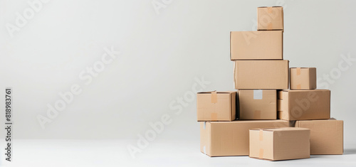 A neatly stacked pile of cardboard boxes on a plain background, symbolizing moving or storage organization.
