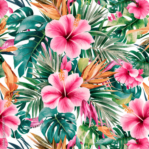 Colorful tropical pattern with bright hibiscus flowers and exotic palm leaves. Exotic floral jungle backdrop. Botanical wallpaper.	
