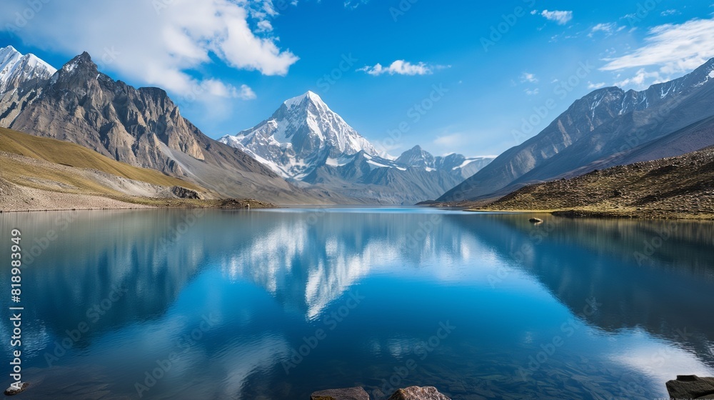 A remote alpine lake nestled among towering peaks, its surface like a mirror reflecting the snow-capped mountains and endless blue sky above. 32k, full ultra hd, high resolution