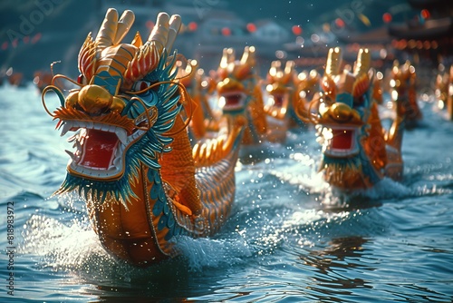 Dragon Boat Festival Race Dragon boats adorned with colorful dragon heads and tails racing during a festive Dragon Boat Festival photo