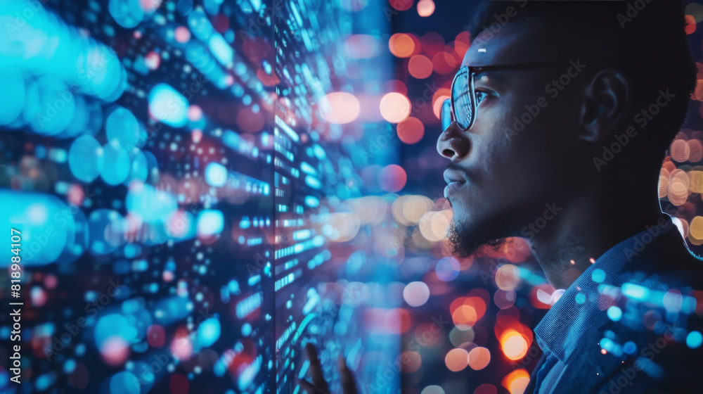 Focused African American man interacting with a futuristic, glowing digital interface, representing innovation and technology. Focused African American man interacting with a futuristic, glowing digital interface, representing innovation and technology.