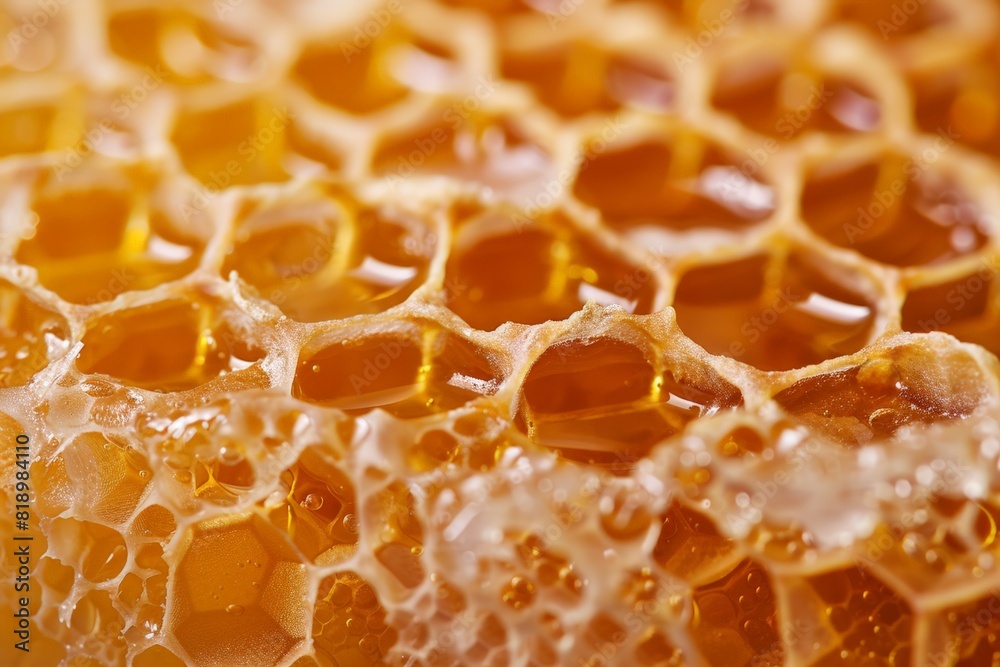 A close up of honeycomb cells, with honey dripping from the edges A close up of honeycomb cells, with honey dripping from the edges
