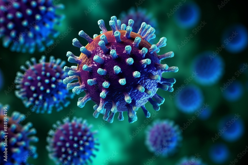 Fototapeta premium Bright viruses under a microscope close-up. Concept: the danger of contracting viral infections.