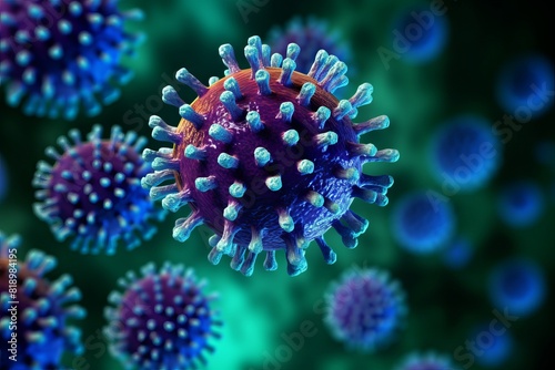 Bright viruses under a microscope close-up. Concept  the danger of contracting viral infections.