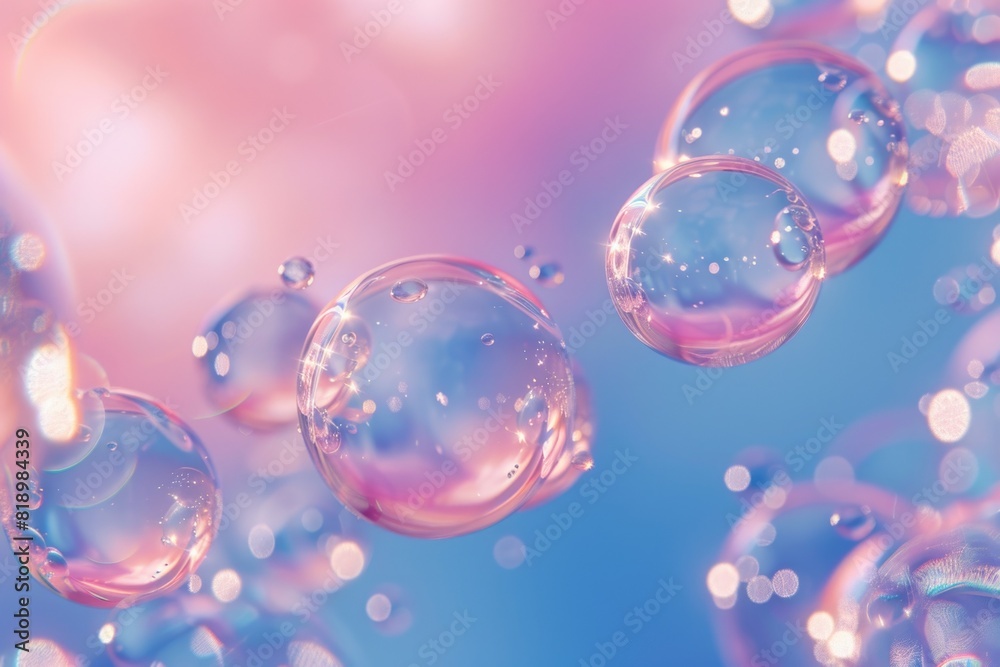 Vibrant Glass, Soap Water Bubbles Floating on a Colorful Pink and Blue Background