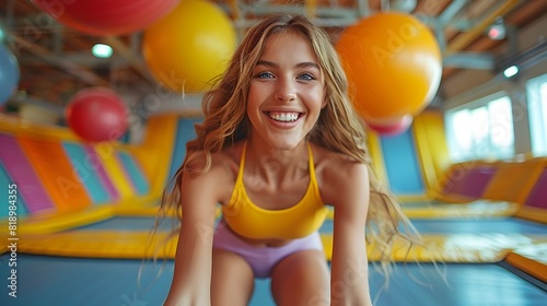 Young Woman Performing Straddle Jump on Trampoline with Vibrant Gym Background