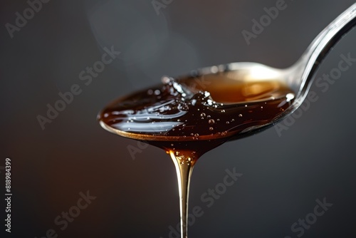 A close-up of dark buckwheat honey dripping from a spoon, with a deep, rich color