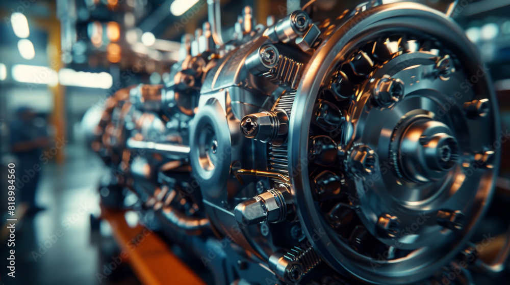 Precision machinery parts of an automotive engine assembly line in a modern manufacturing factory.