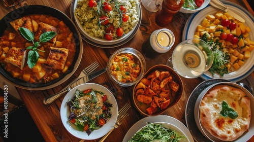 Assortment of dishes laid out on a wooden table, including roasted vegetables, a salad with cherry tomatoes and basil, a bowl of couscous, a plate with what appears to be chicken and potatoes