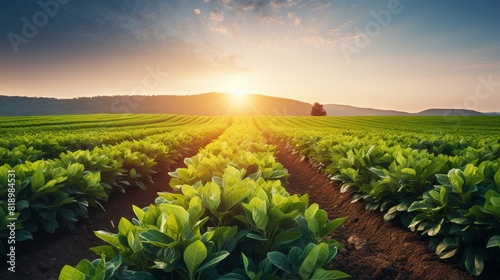 Green plants on a field at sunset  against the backdrop of a beautiful sky with clouds and bright sun