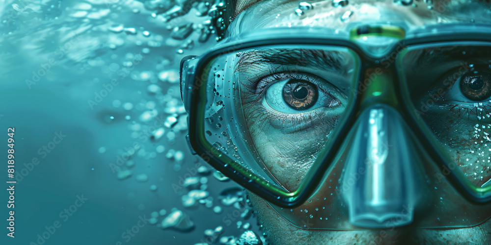 close up snorkeling underwater in the ocean with goggles and a snorkel, having fun during a summer vacation close up snorkeling underwater in the ocean with goggles and a snorkel, having fun during a summer vacation