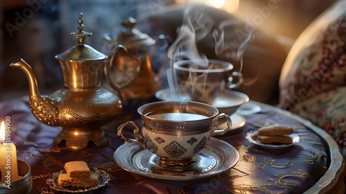 Aromatic cups of steaming chai, accompanied by delicate saffron-infused biscuits, captured in the soft glow of candlelight against a backdrop of ornate brass teapots and vintage silk cushions.